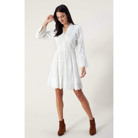 Hale Bob Womens Dress White Mila Mini Fit Flare Eyelet V Neck Tiered Boho Small - Picture 1 of 12